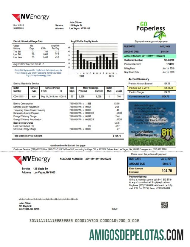 realista Modelo de conta de serviços públicos de energia dos EUA Nevada NV em formato Word e PDF